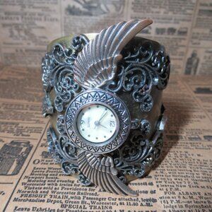 Steampunk Large Wrist Cuff Watch Face Wings Ornate Filigree Chunky Bracelet